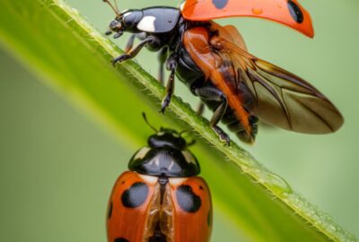 A freshly emerged seven-spotted ladybug drying its wings beside an empty pupal case on the underside of a green leaf