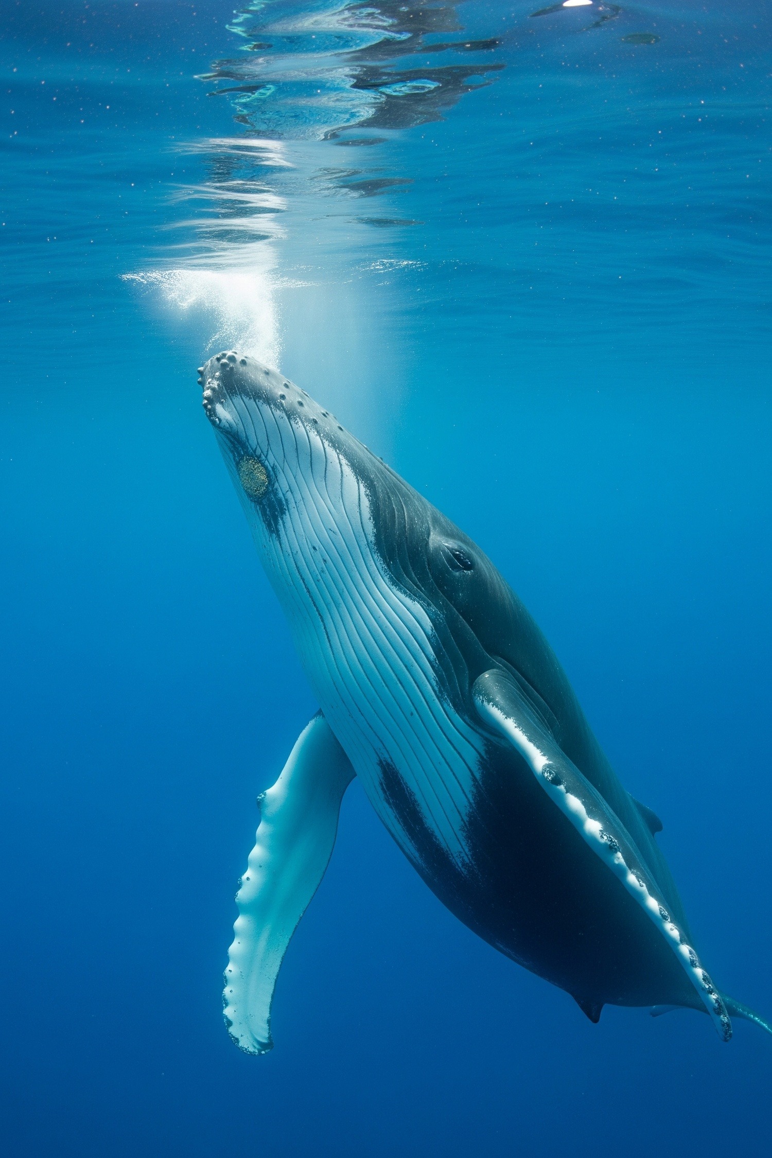 A solitary humpback whale gliding through deep open blue ocean far from any coastline