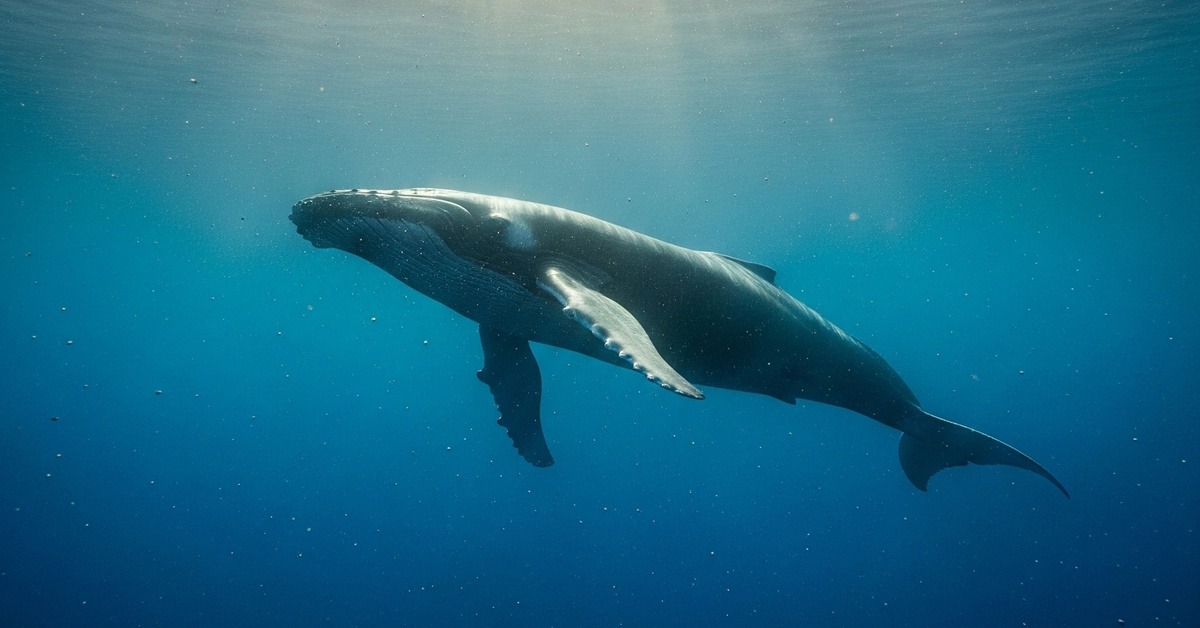 Wide underwater view of a single humpback whale silhouetted against shafts of sunlight in open sea