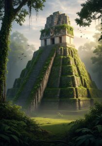 Jungle-covered stone pyramid of a lost Maya city emerging from rainforest mist at dawn