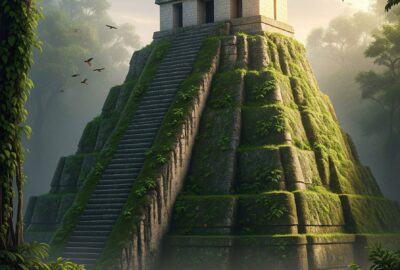 Jungle-covered stone pyramid of a lost Maya city emerging from rainforest mist at dawn