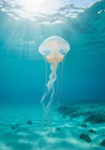 An Australian box jellyfish (Chironex fleckeri) drifting in clear tropical water, its translucent cube-shaped bell catching shafts of sunlight, long ribbon tentacles trailing below.