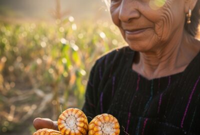 A Zapotec woman in Juchitán, Oaxaca holding hand-selected ears of small native zapalote chico corn over a clay seed-storage vessel