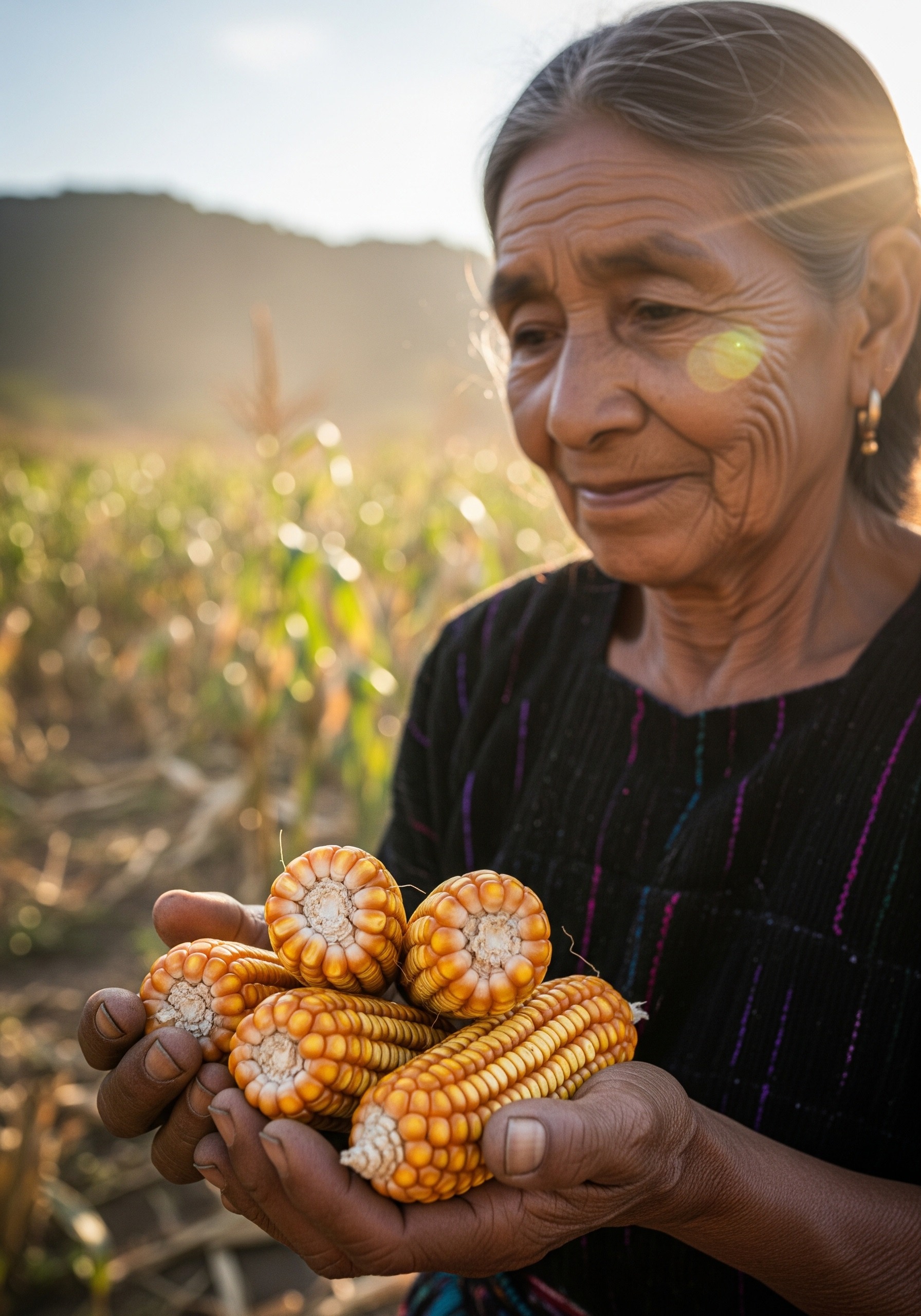 A Zapotec woman in Juchitán, Oaxaca holding hand-selected ears of small native zapalote chico corn over a clay seed-storage vessel