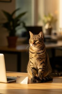 A tabby cat sitting on an office desk beside a small printed business card in warm window light