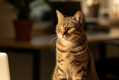 A tabby cat sitting on an office desk beside a small printed business card in warm window light