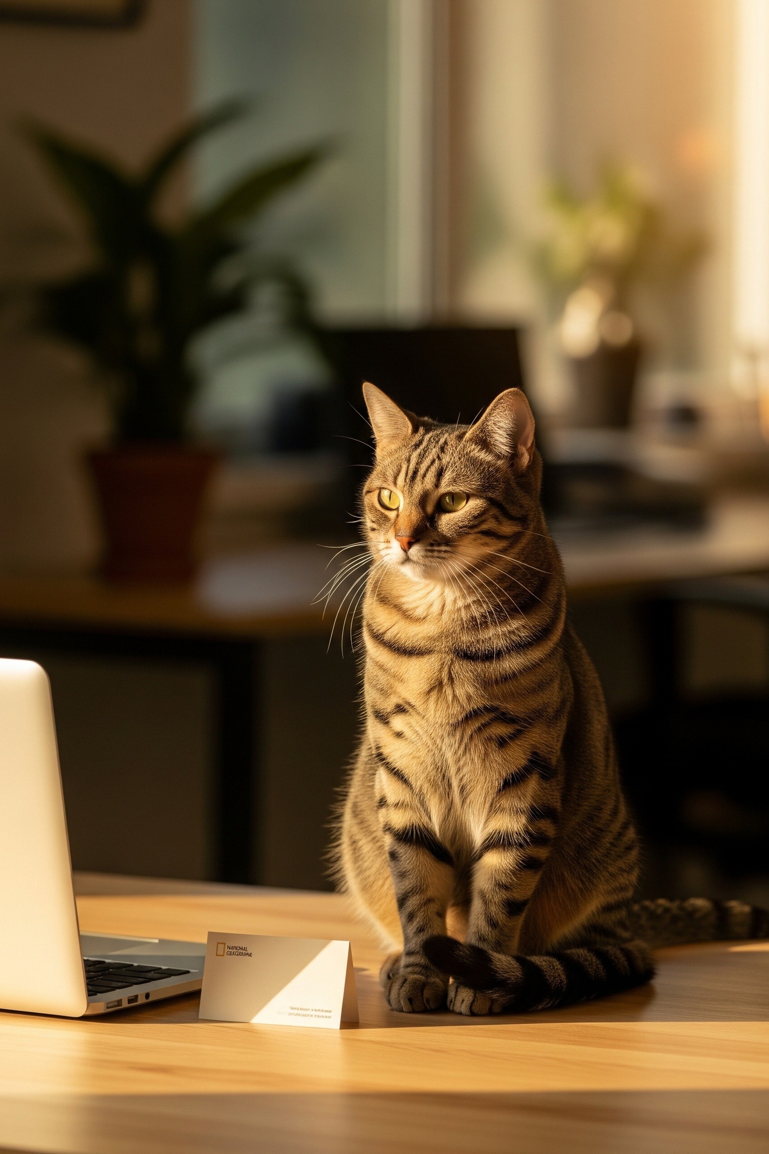 A tabby cat sitting on an office desk beside a small printed business card in warm window light