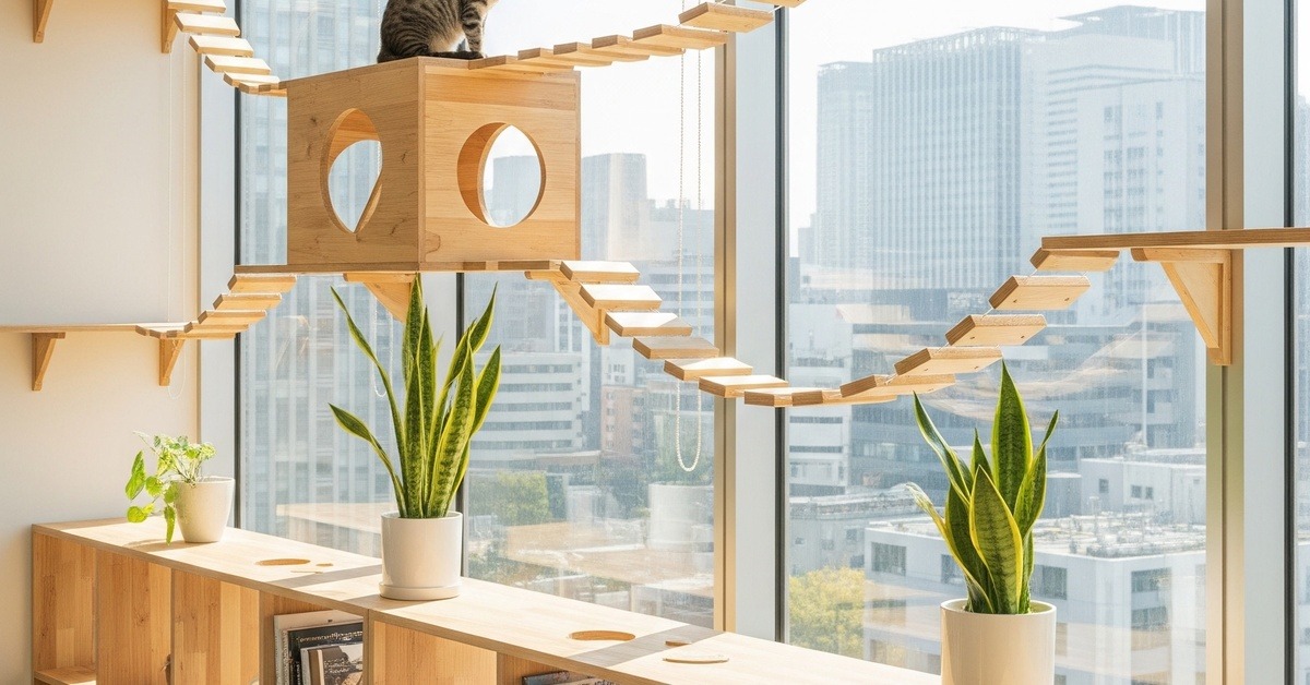 Custom wall shelving and cat walkways built into a bright modern Tokyo office interior