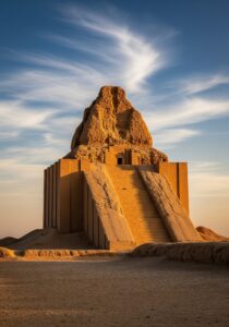Eroded mudbrick steps of the Great Ziggurat of Ur at sunset in southern Iraq — Sumer, the oldest known civilization.