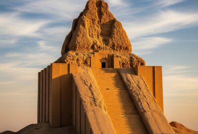 Eroded mudbrick steps of the Great Ziggurat of Ur at sunset in southern Iraq — Sumer, the oldest known civilization.