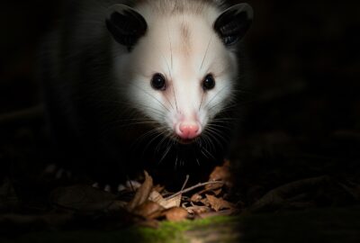 Virginia opossum close-up showing its pale face and dark eyes in forest undergrowth