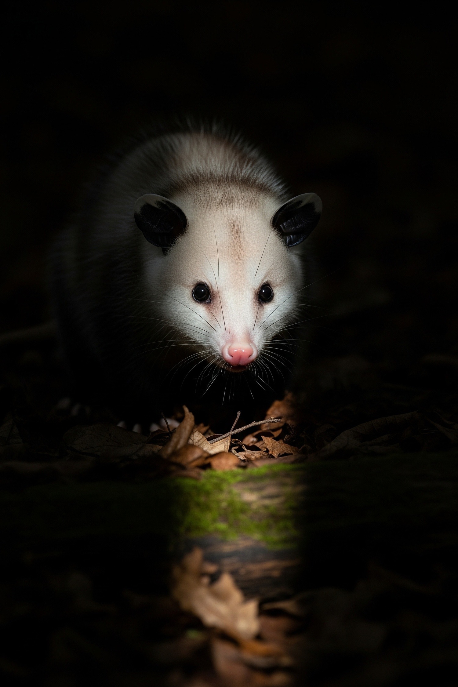 Virginia opossum close-up showing its pale face and dark eyes in forest undergrowth