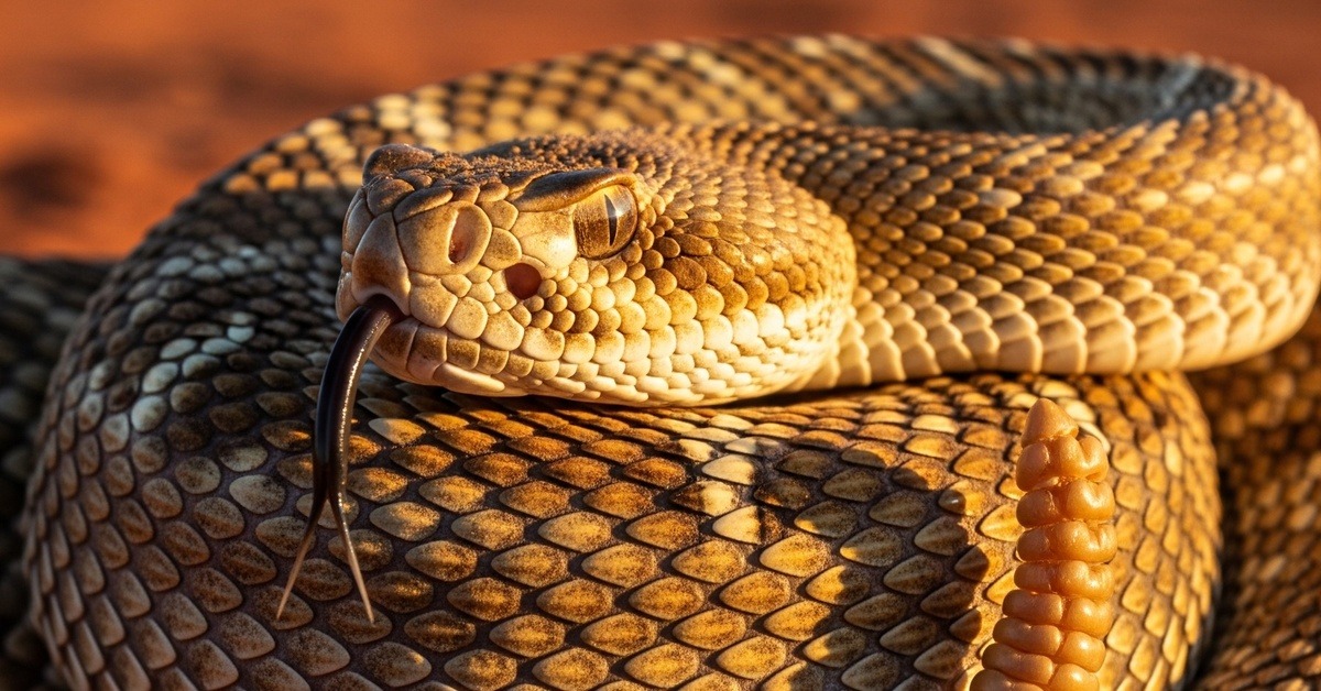 Macro view of rattlesnake fangs poised to strike against a blurred green background