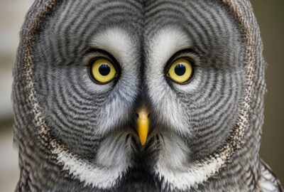 Close-up portrait of a great gray owl with huge yellow eyes catching cool low forest light