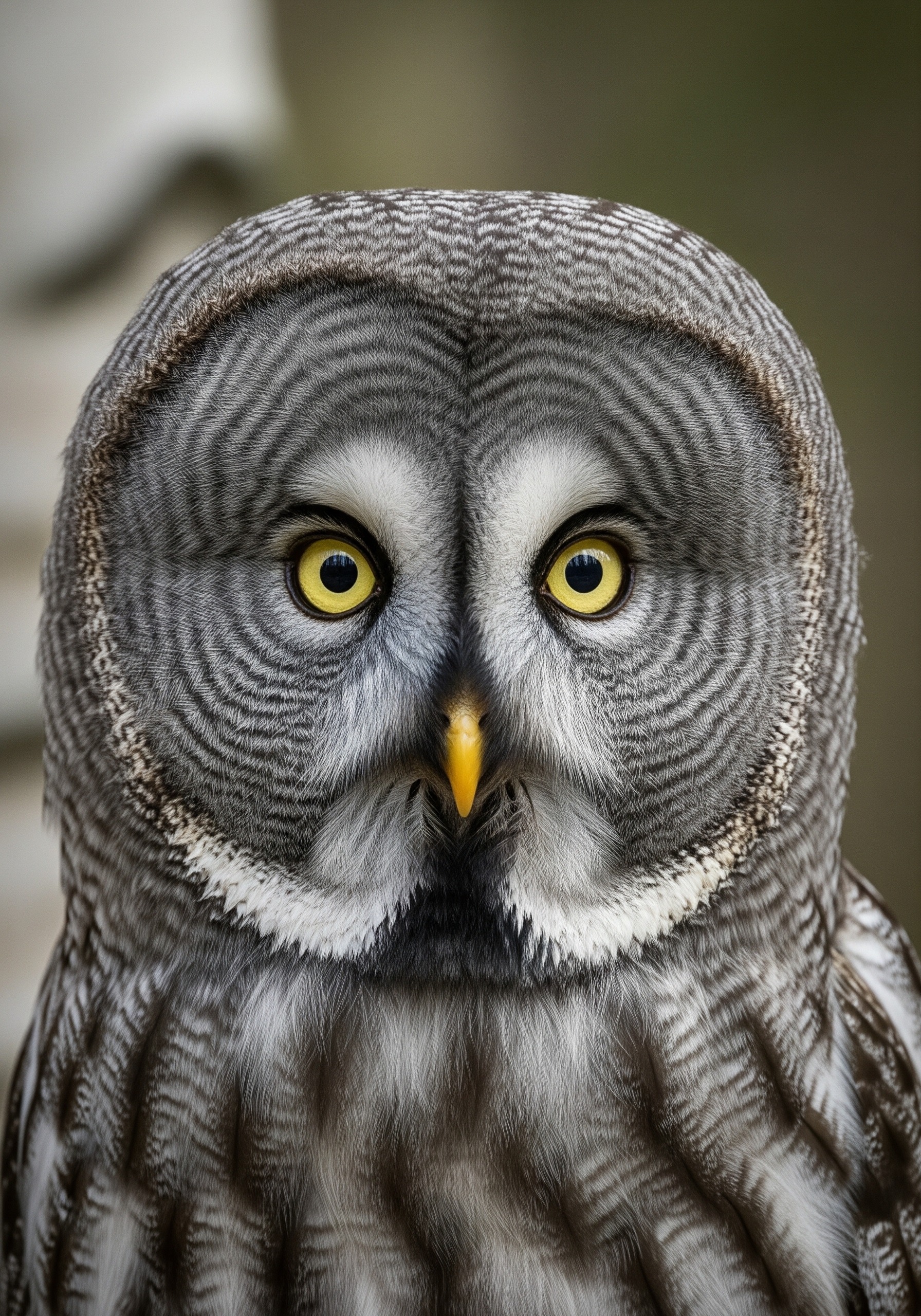 Close-up portrait of a great gray owl with huge yellow eyes catching cool low forest light