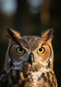 Close-up portrait of a Great Horned Owl with golden eyes against a dark forest background