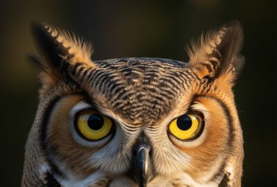 Close-up portrait of a Great Horned Owl with golden eyes against a dark forest background