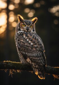 A great horned owl perched on a moss-covered branch, head turned dramatically over its shoulder, locking intense yellow eyes with the viewer in soft golden evening light.