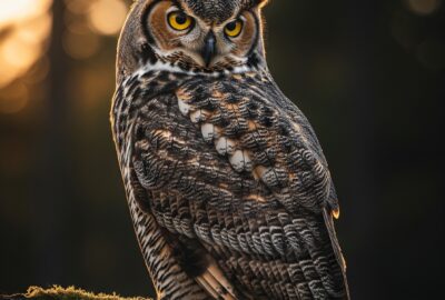A great horned owl perched on a moss-covered branch, head turned dramatically over its shoulder, locking intense yellow eyes with the viewer in soft golden evening light.