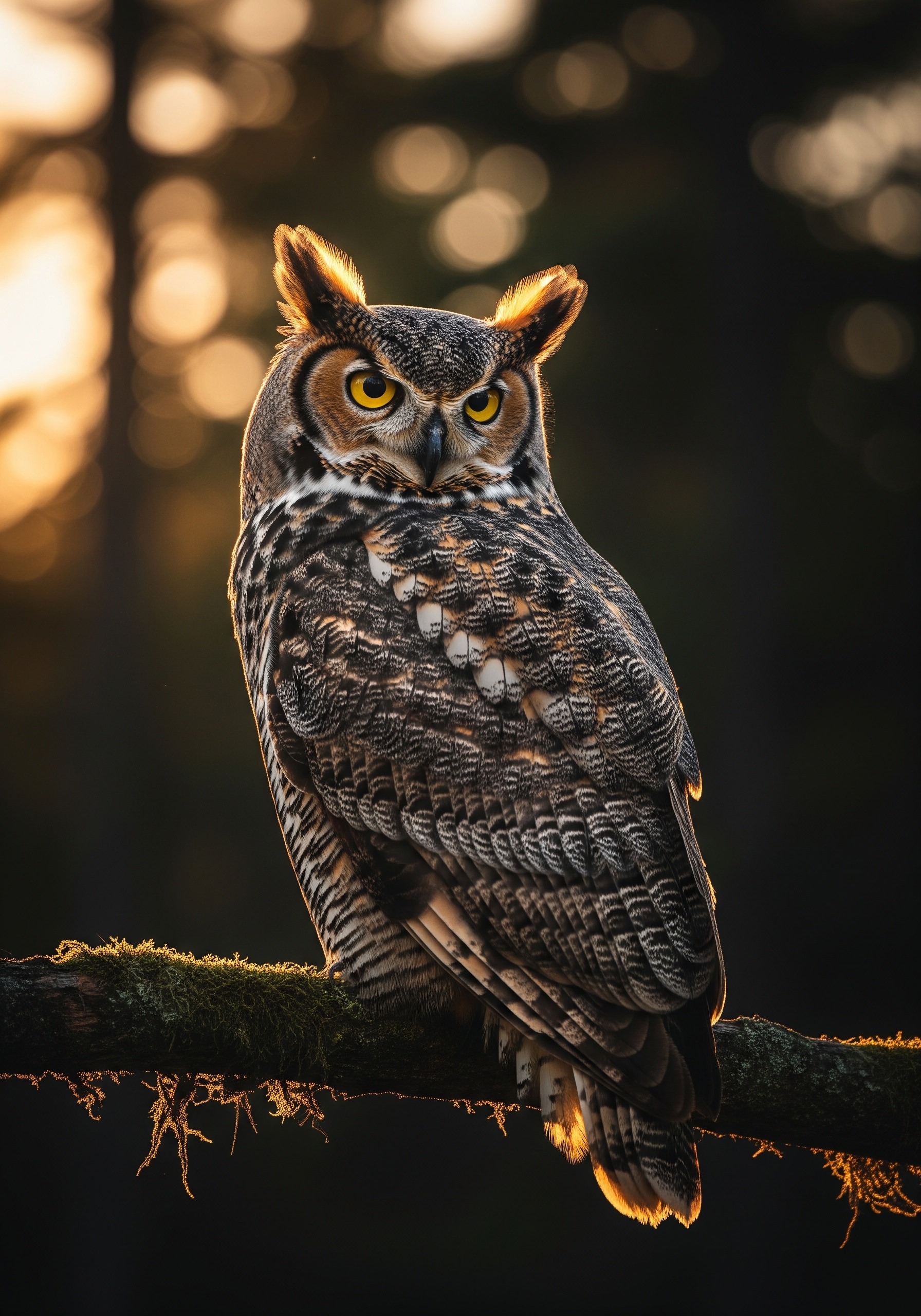 A great horned owl perched on a moss-covered branch, head turned dramatically over its shoulder, locking intense yellow eyes with the viewer in soft golden evening light.