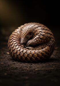 A Temminck's ground pangolin curled into a tight defensive ball, overlapping brown keratin scales catching dramatic side-light against a dark background.