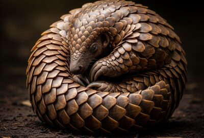 A Temminck's ground pangolin curled into a tight defensive ball, overlapping brown keratin scales catching dramatic side-light against a dark background.