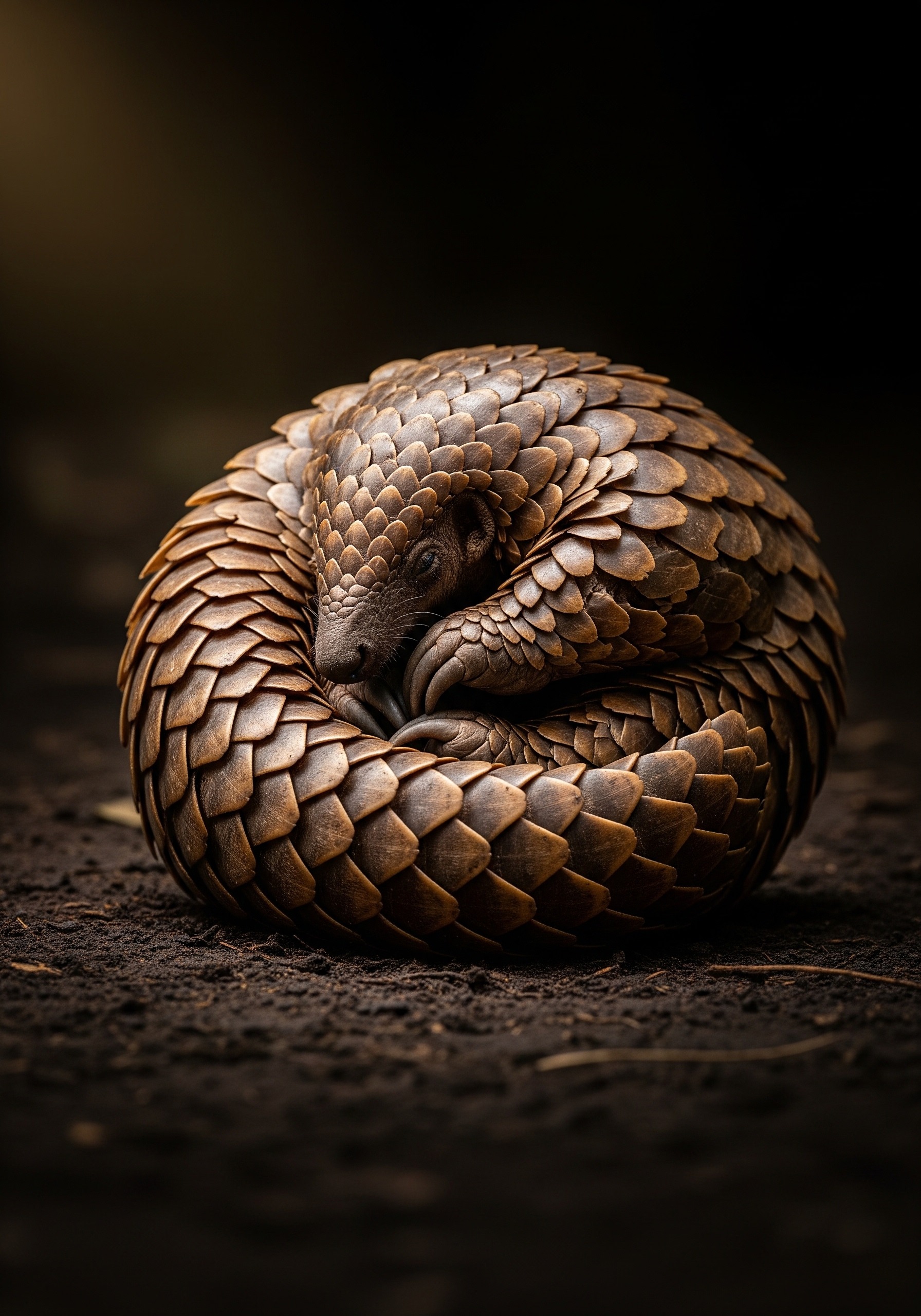 Pangolin naziemny Temmincka zwinięty w ciasną obronną kulę; zachodzące na siebie brązowe łuski keratynowe połyskują w dramatycznym bocznym świetle na ciemnym tle.