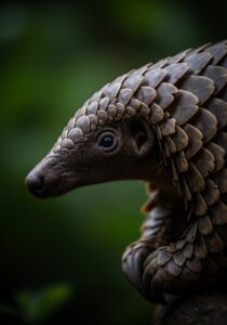 Close-up portrait of a pangolin showing overlapping keratin scales, dramatic side lighting, NatGeo-style wildlife photography