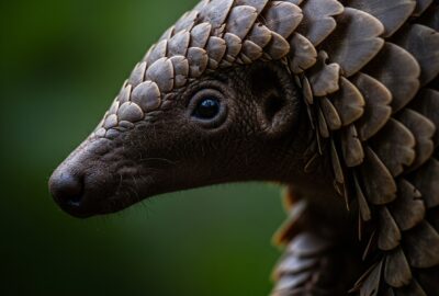 Close-up portrait of a pangolin showing overlapping keratin scales, dramatic side lighting, NatGeo-style wildlife photography