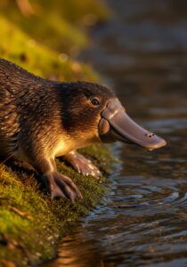 Wild platypus on a wet riverbank in Tasmania at dawn, fur beaded with water and bill catching the light