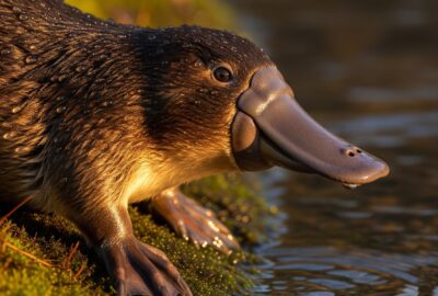 Wild platypus on a wet riverbank in Tasmania at dawn, fur beaded with water and bill catching the light