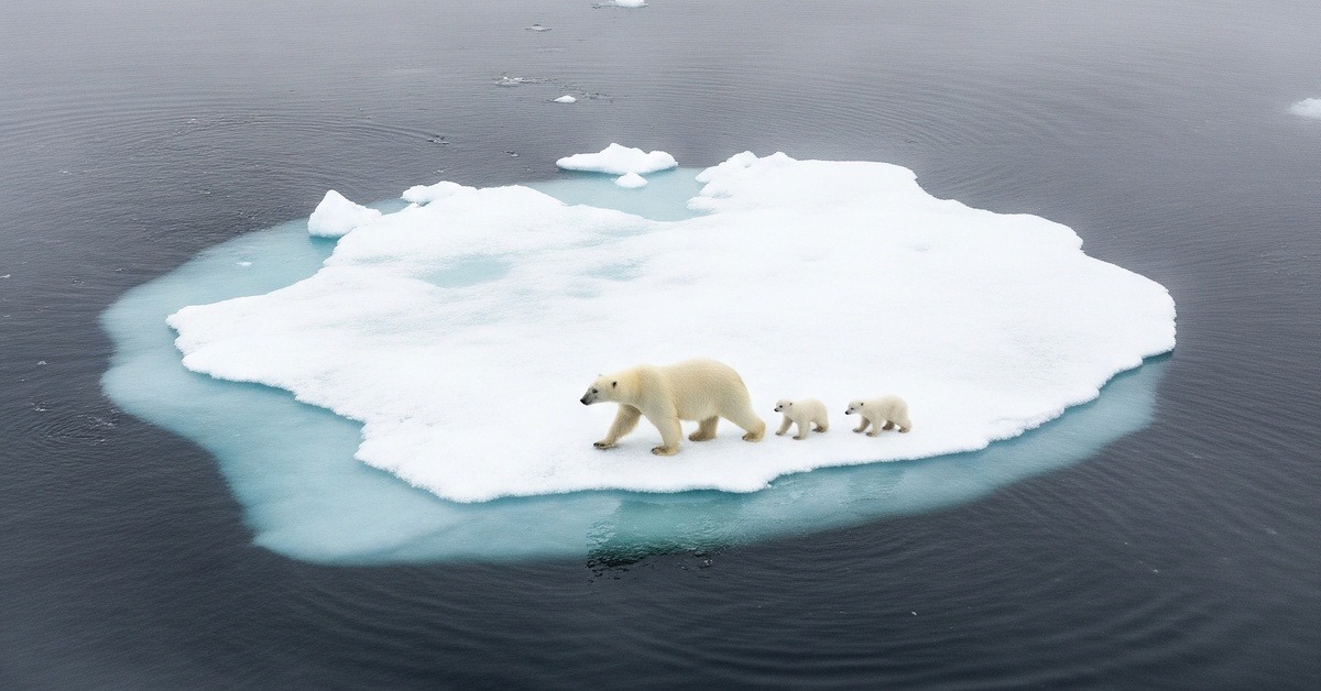 A polar bear mother and cubs trudging across a shrinking ice floe in the Arctic Ocean