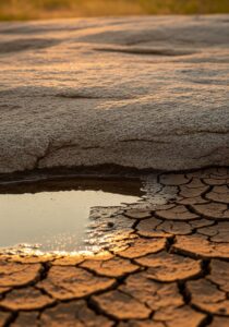 A shallow African granite rock pool drying out under harsh sun, the natural habitat of Polypedilum vanderplanki, the sleeping chironomid midge.