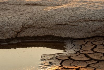 A shallow African granite rock pool drying out under harsh sun, the natural habitat of Polypedilum vanderplanki, the sleeping chironomid midge.