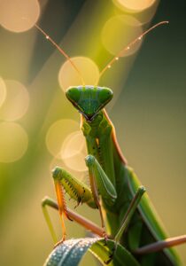 Close-up portrait of a green praying mantis on a dewy stem at dawn, large triangular head and folded raptorial forelegs in classic prayer pose