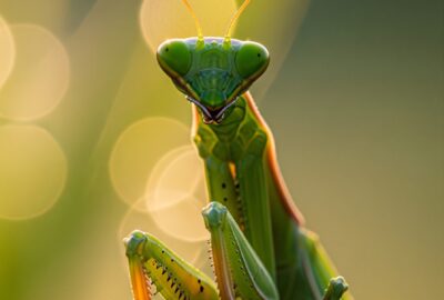 Close-up portrait of a green praying mantis on a dewy stem at dawn, large triangular head and folded raptorial forelegs in classic prayer pose