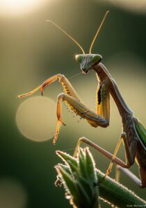 Close-up portrait of an adult Chinese praying mantis on a dewy stem at golden hour, head turned toward the camera.