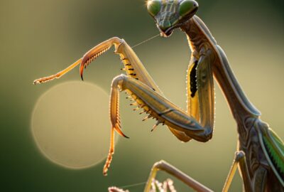 Close-up portrait of an adult Chinese praying mantis on a dewy stem at golden hour, head turned toward the camera.
