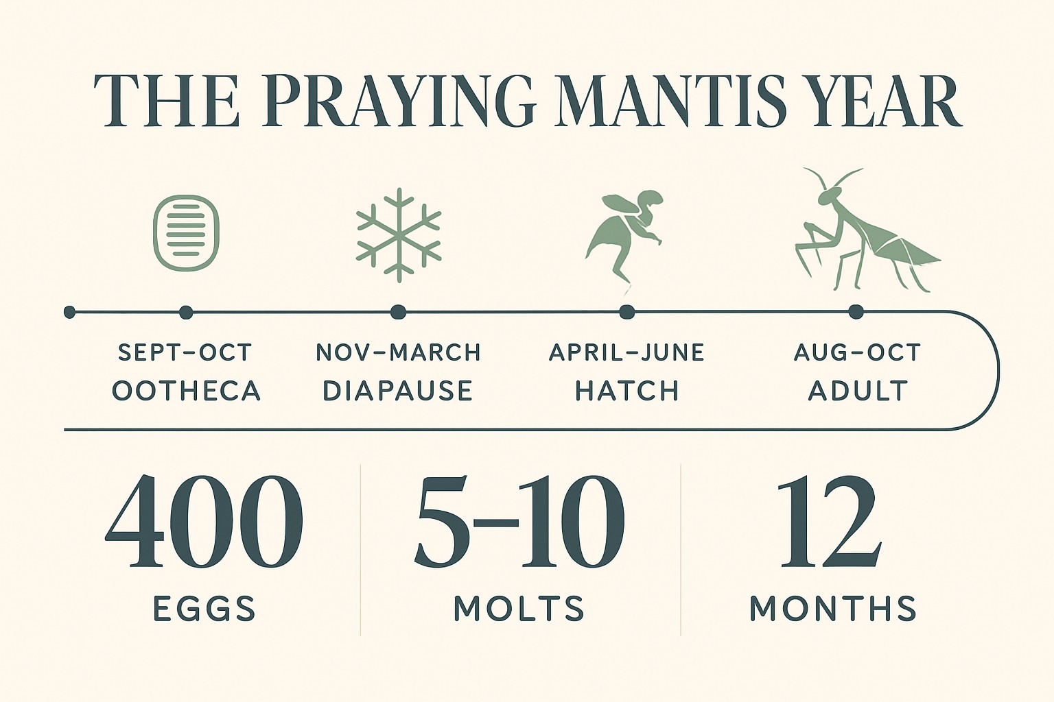 Praying Mantis Life Cycle: From Ootheca to Garden Predator infographic
