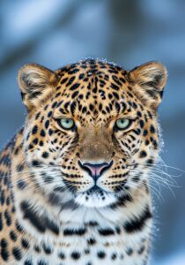 Close-up portrait of an Amur leopard with frost on its whiskers, one of the world's rarest big cats.