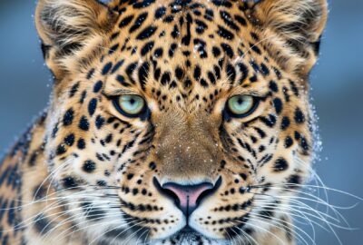 Close-up portrait of an Amur leopard with frost on its whiskers, one of the world's rarest big cats.