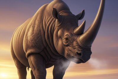 Massive prehistoric Elasmotherium rhinoceros standing on frozen Siberian steppe at dusk
