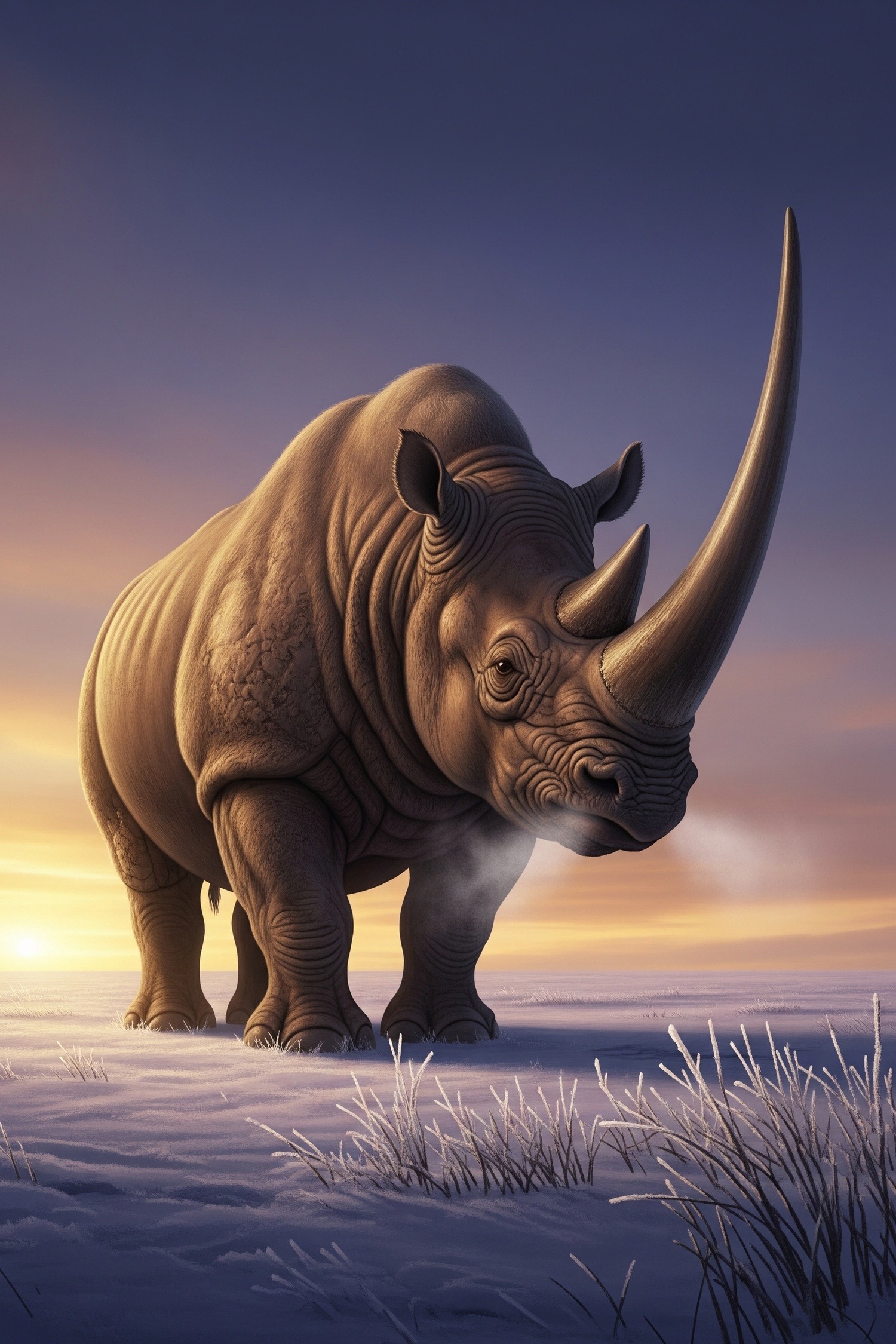 Massive prehistoric Elasmotherium rhinoceros standing on frozen Siberian steppe at dusk