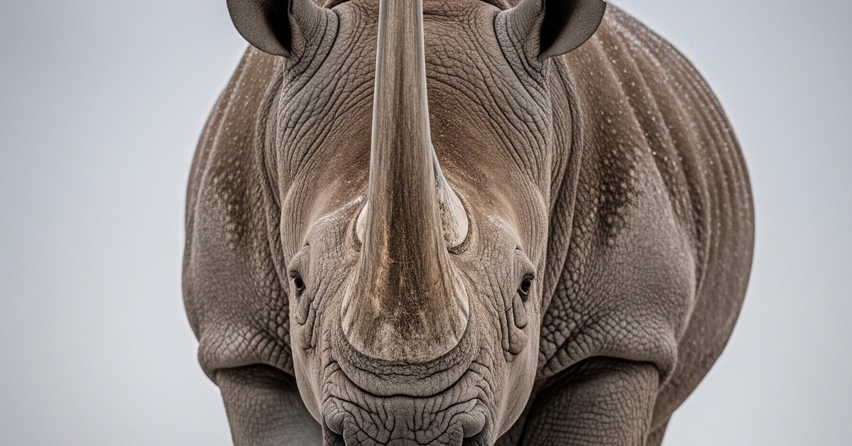 Close-up of enormous single horn on Elasmotherium skull fossil against dark background