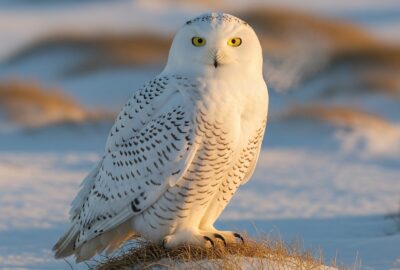 A male snowy owl perched on Arctic tundra, bright yellow eyes wide, pure white feathers against a low golden Arctic sun