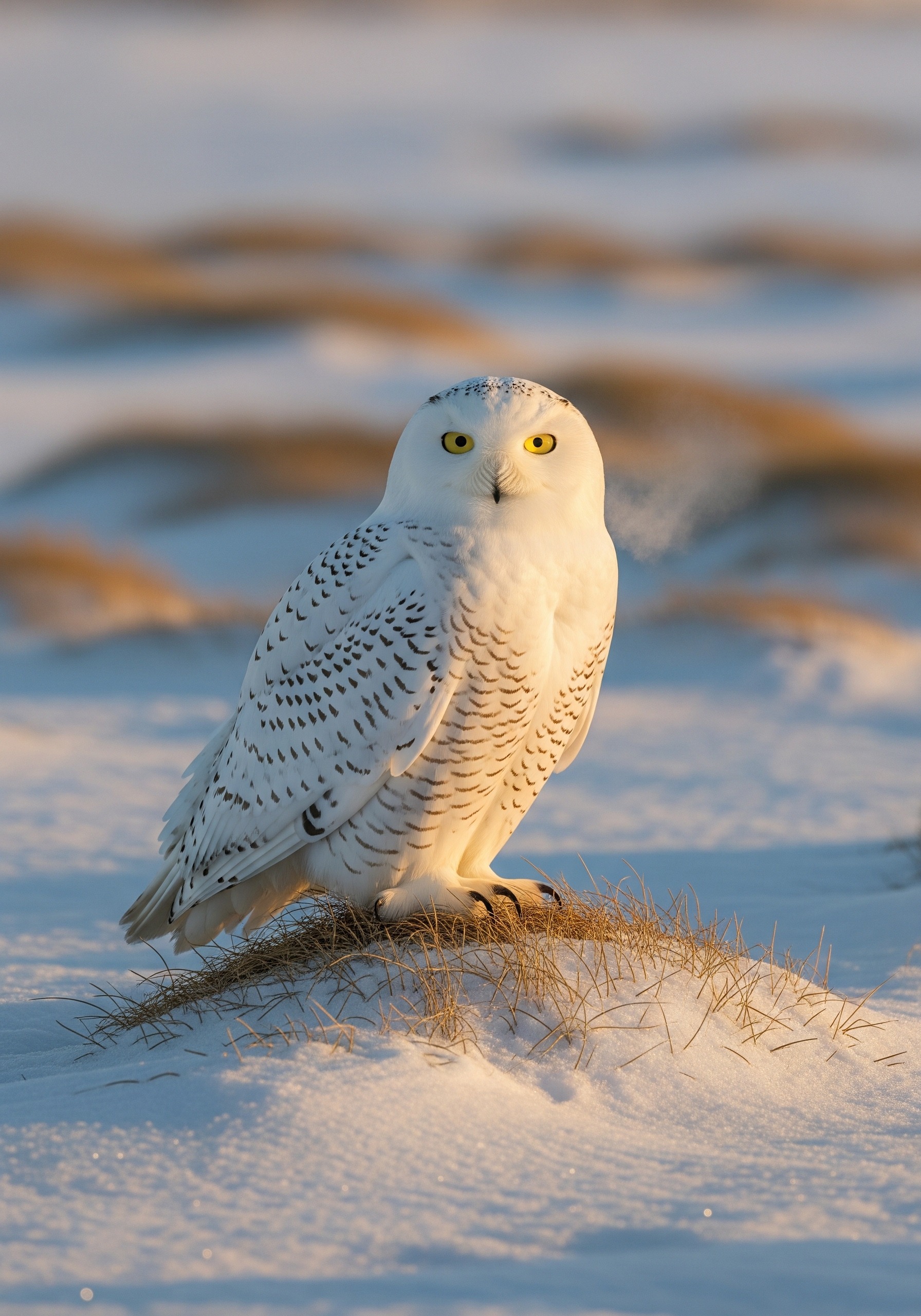 A male snowy owl perched on Arctic tundra, bright yellow eyes wide, pure white feathers against a low golden Arctic sun