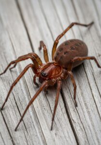 A detailed brown recluse spider (Loxosceles) resting on weathered grey wood, dramatic macro wildlife photography, razor-