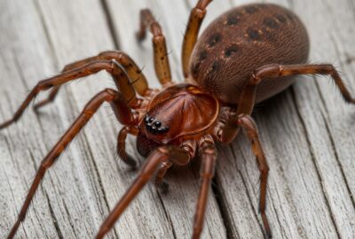 A detailed brown recluse spider (Loxosceles) resting on weathered grey wood, dramatic macro wildlife photography, razor-