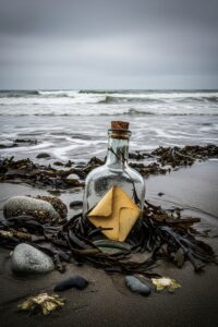 An old corked glass bottle holding a folded paper note resting on a cold rocky Atlantic shoreline