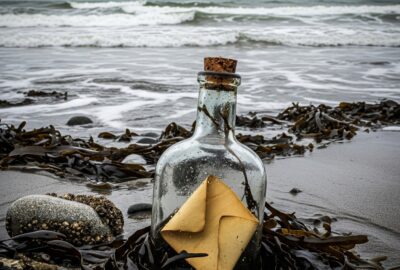 An old corked glass bottle holding a folded paper note resting on a cold rocky Atlantic shoreline